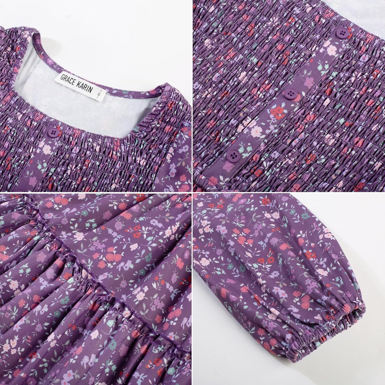 image:imageGRACE KARIN Girls Fall Long Sleeve Floral Christmas Teen Dress Size 614Purple Floral