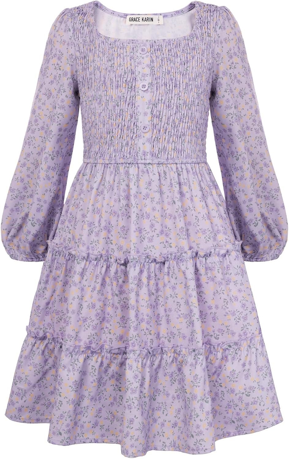 image:imageGRACE KARIN Girls Fall Long Sleeve Floral Christmas Teen Dress Size 614Purple Yellow Floral