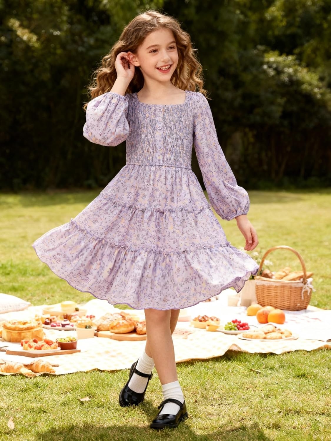 image:imageGRACE KARIN Girls Fall Long Sleeve Floral Christmas Teen Dress Size 614Purple Yellow Floral