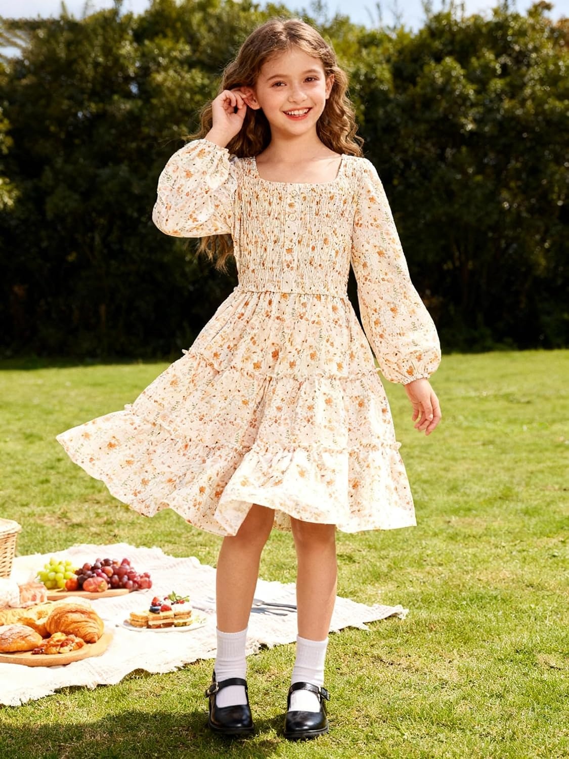 image:imageGRACE KARIN Girls Fall Long Sleeve Floral Christmas Teen Dress Size 614White Orange Floral