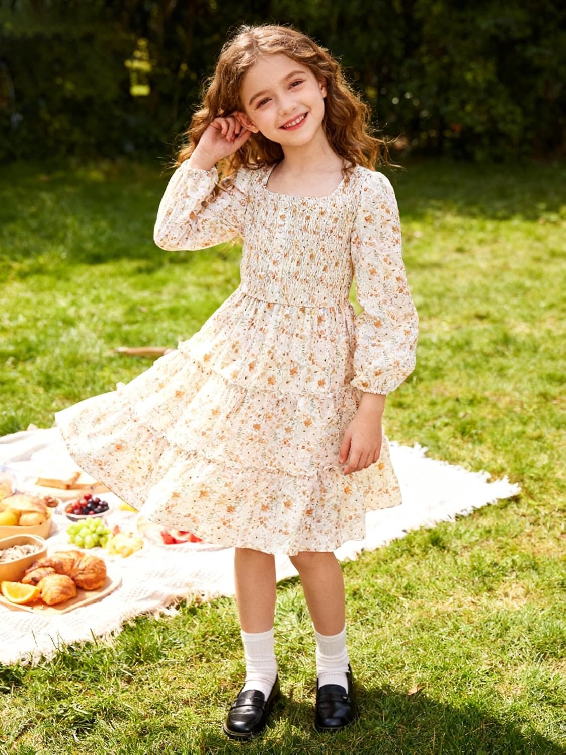 image:imageGRACE KARIN Girls Fall Long Sleeve Floral Christmas Teen Dress Size 614White Orange Floral