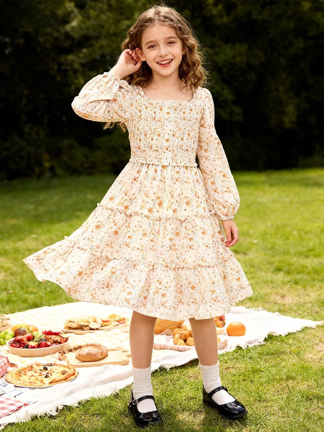 image:imageGRACE KARIN Girls Fall Long Sleeve Floral Christmas Teen Dress Size 614White Orange Floral