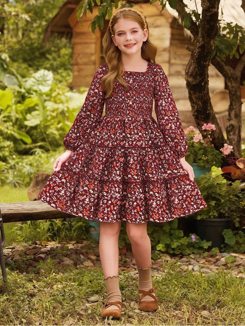 image:imageGRACE KARIN Girls Fall Long Sleeve Floral Christmas Teen Dress Size 614Wine Red Floral