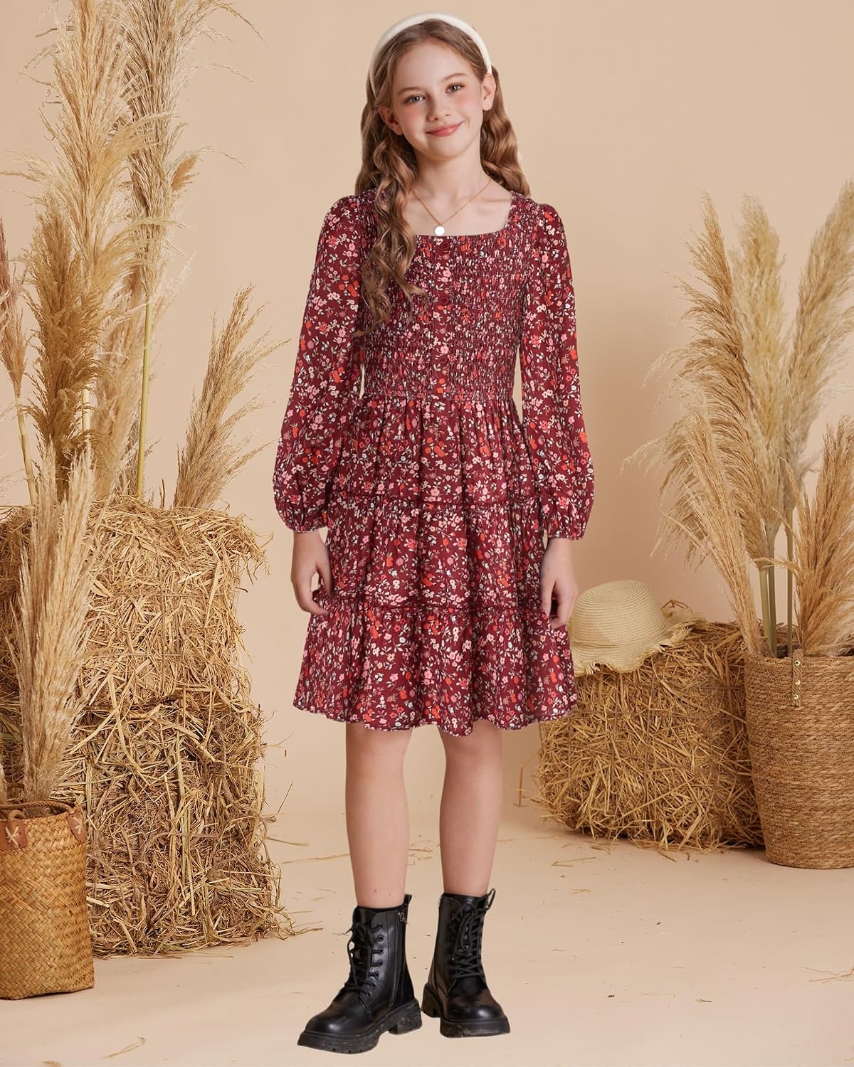 image:imageGRACE KARIN Girls Fall Long Sleeve Floral Christmas Teen Dress Size 614Wine Red Floral