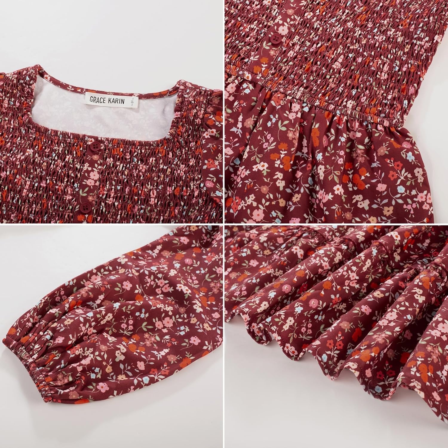 image:imageGRACE KARIN Girls Fall Long Sleeve Floral Christmas Teen Dress Size 614Wine Red Floral