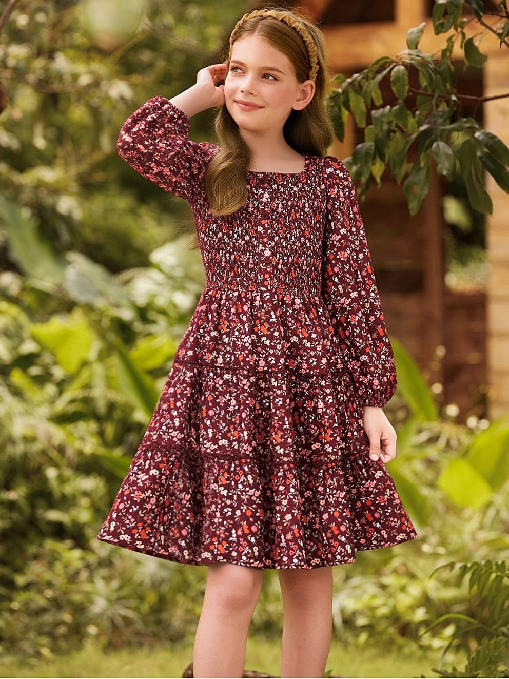 image:imageGRACE KARIN Girls Fall Long Sleeve Floral Christmas Teen Dress Size 614Wine Red Floral