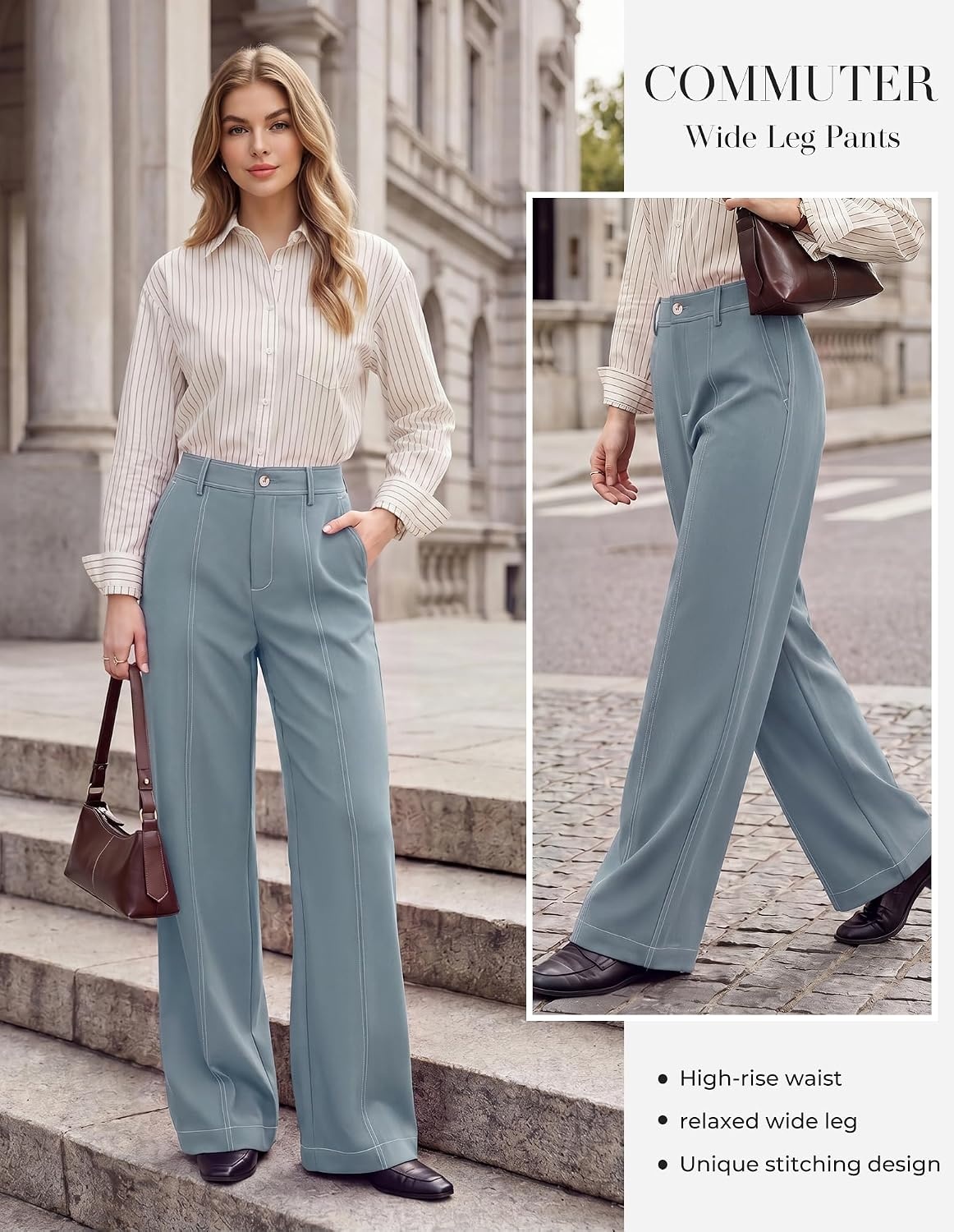 image:imageGRACE KARIN Wide Leg Casual Pants for Women 2026 Fall Comfy TrousersGrey Blue