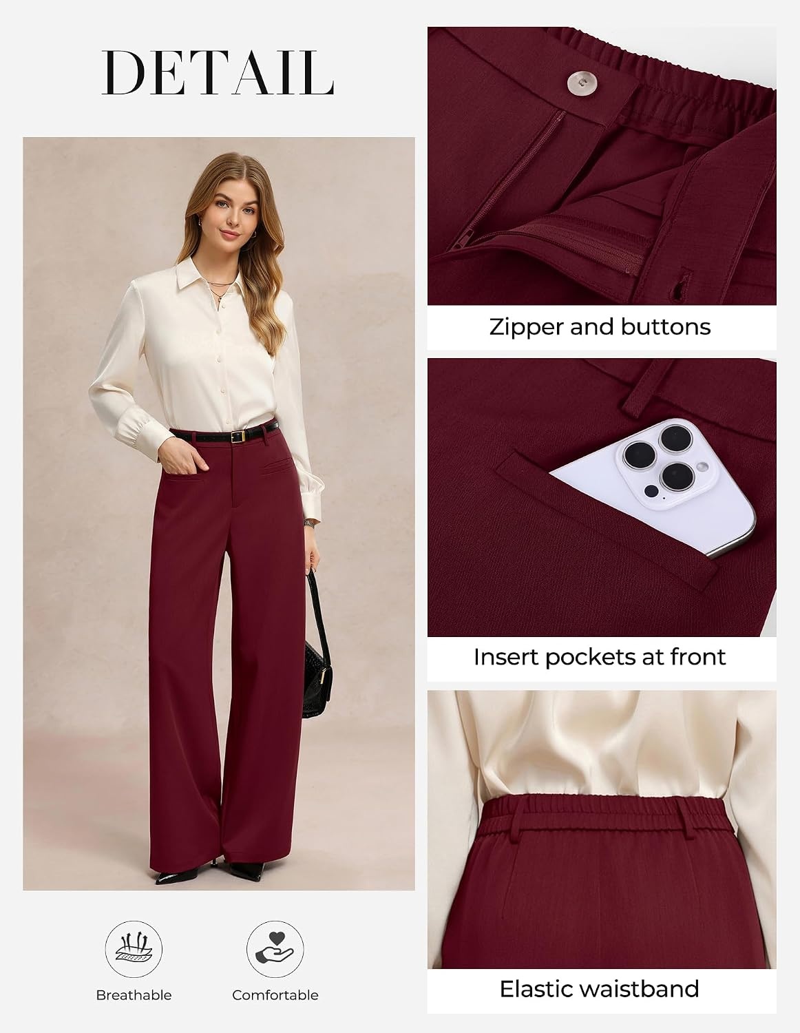 image:imageGRACE KARIN Wide Leg Work Pants Women Business Casual Dress PantsWine