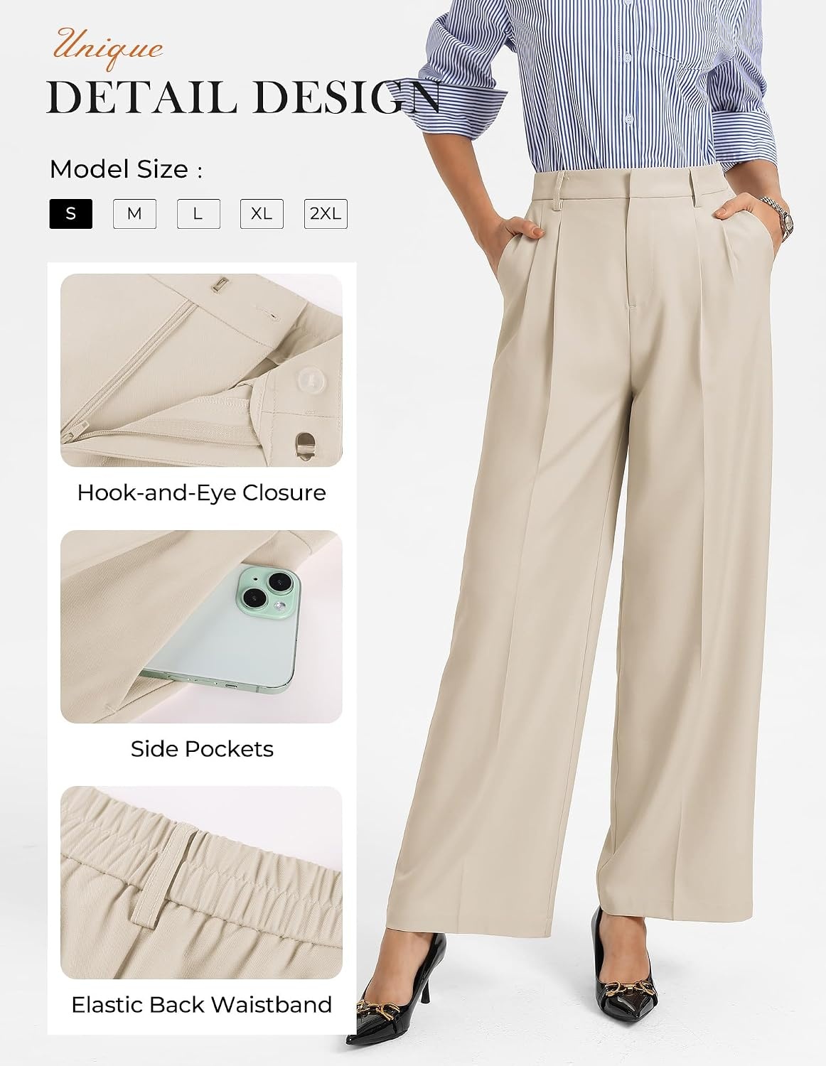 image:imageGRACE KARIN Womens Wide Leg Work Pants Trousers Casual Office SlacksApricot