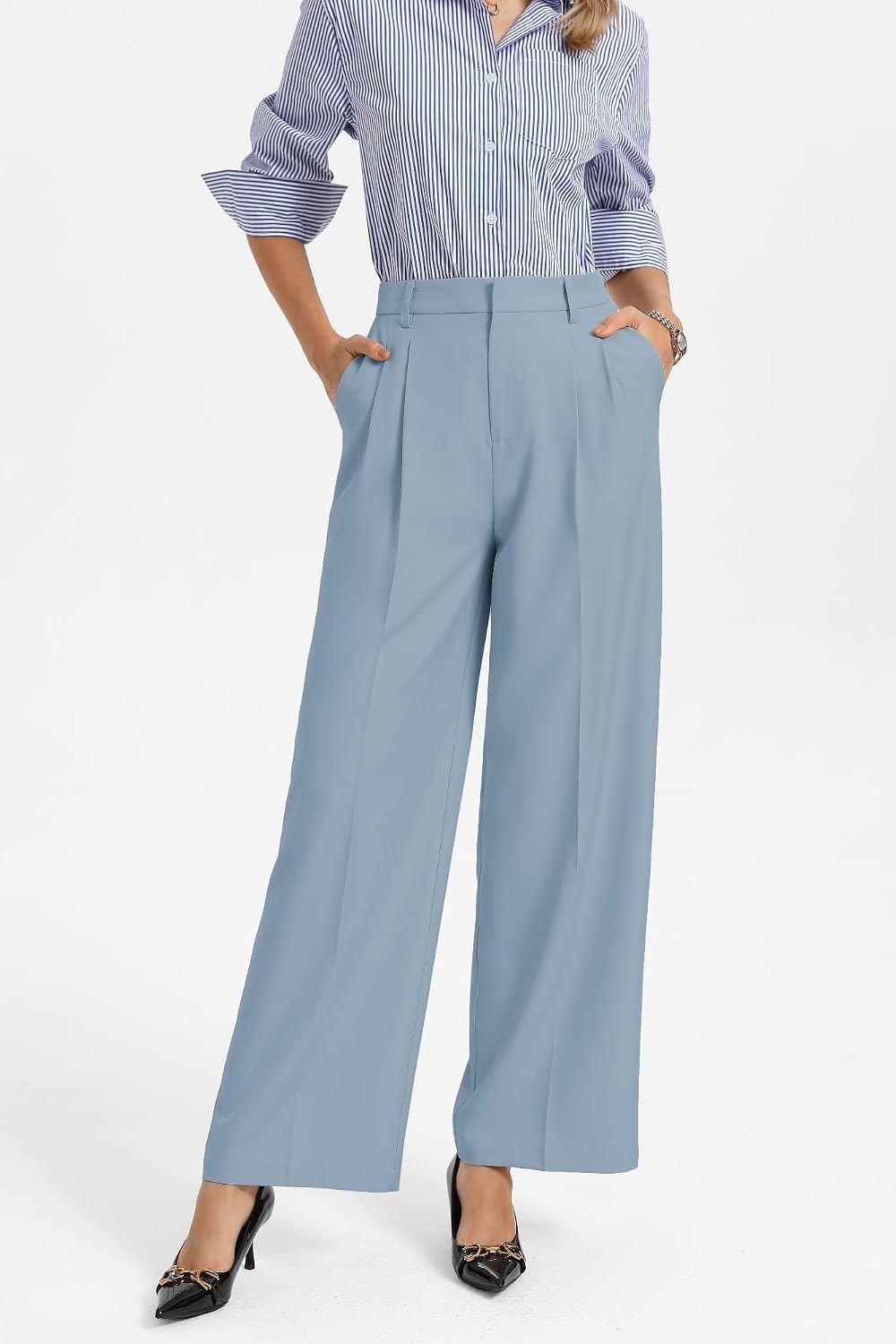 image:imageGRACE KARIN Womens Wide Leg Work Pants Trousers Casual Office SlacksDusty Blue