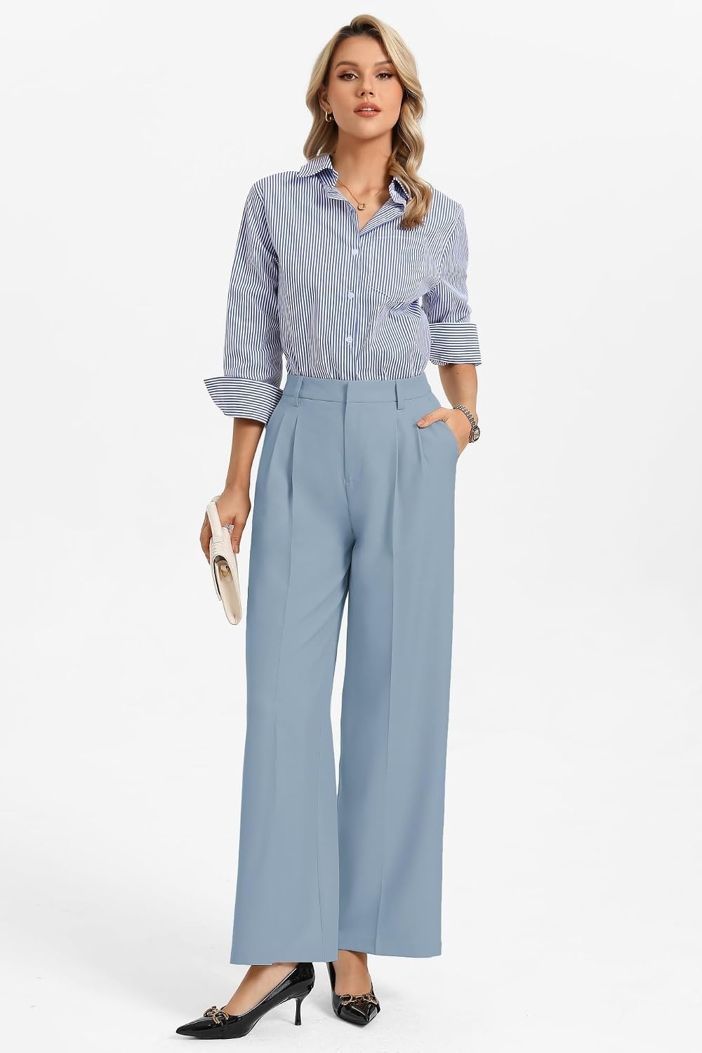 image:imageGRACE KARIN Womens Wide Leg Work Pants Trousers Casual Office SlacksDusty Blue