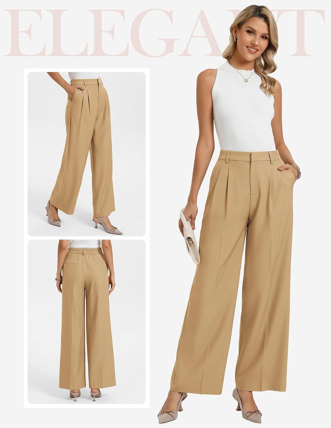 image:imageGRACE KARIN Womens Wide Leg Work Pants Trousers Casual Office SlacksKhaki