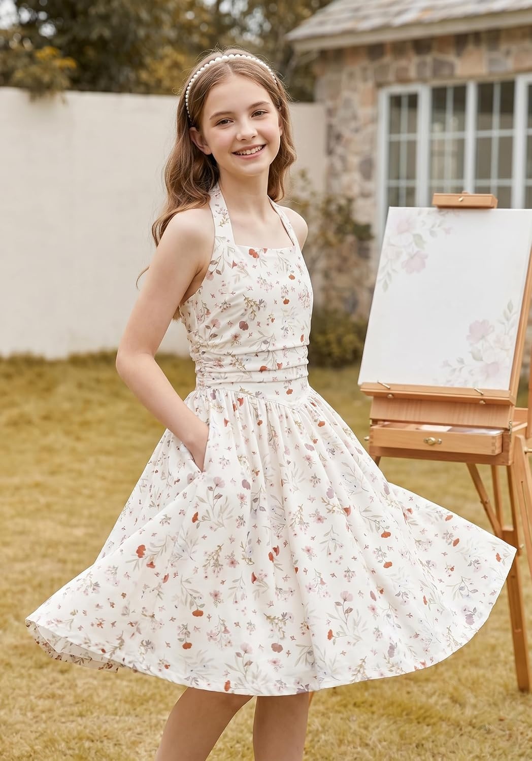image:imageGrace Karin Girls Floral Summer Spring Halter Tie Back Dresses Size 716Apricotblue Pink Floral