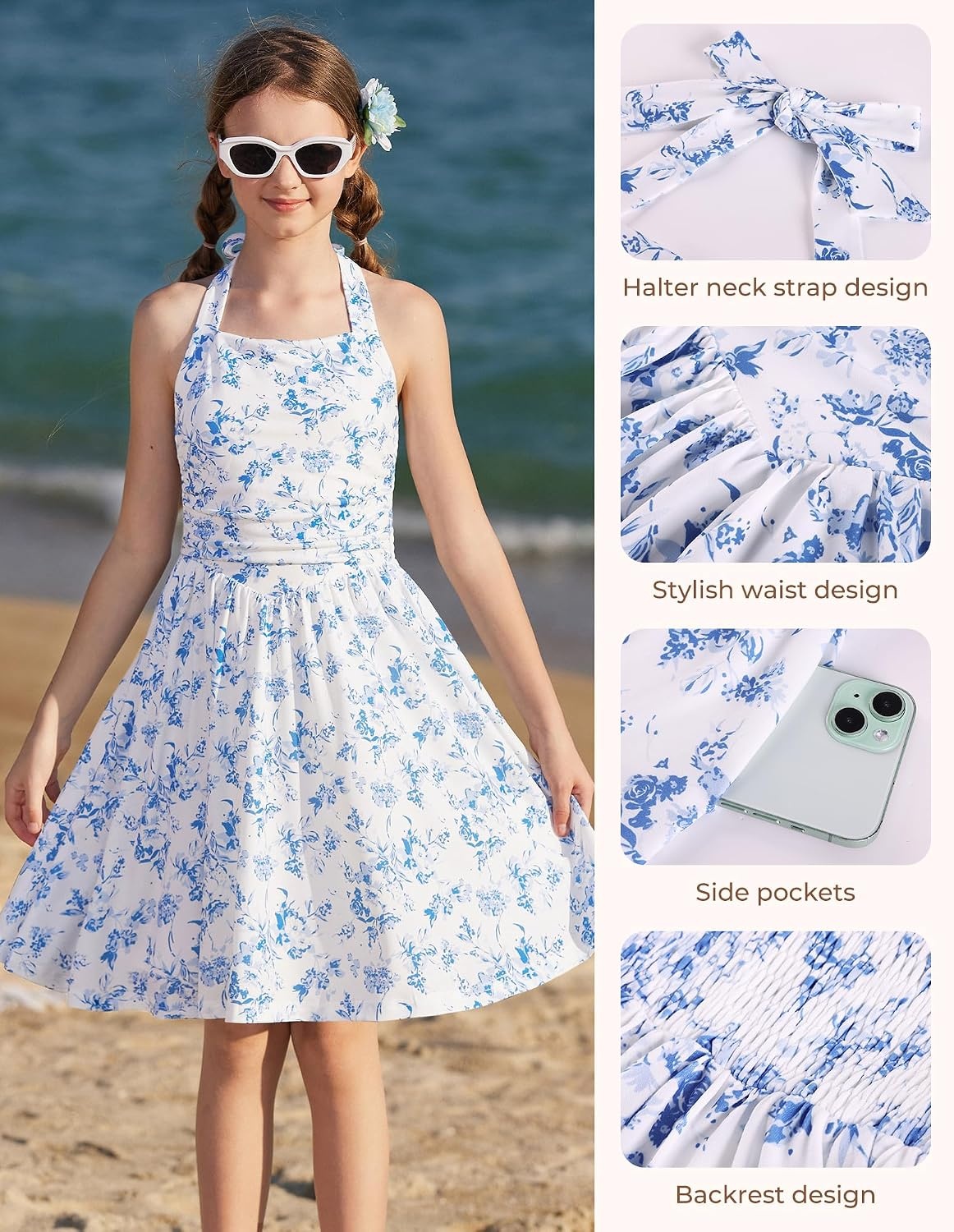 image:imageGrace Karin Girls Floral Summer Spring Halter Tie Back Dresses Size 716Blue