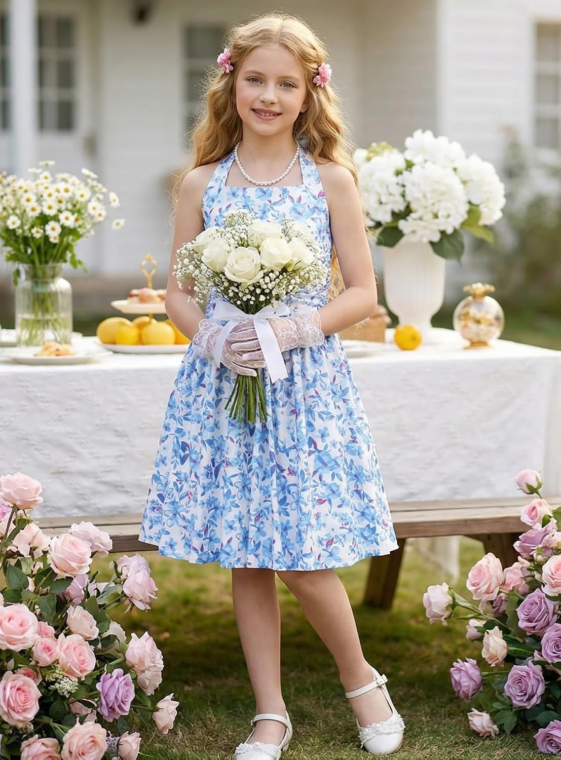 image:imageGrace Karin Girls Floral Summer Spring Halter Tie Back Dresses Size 716Bluepurple Floral