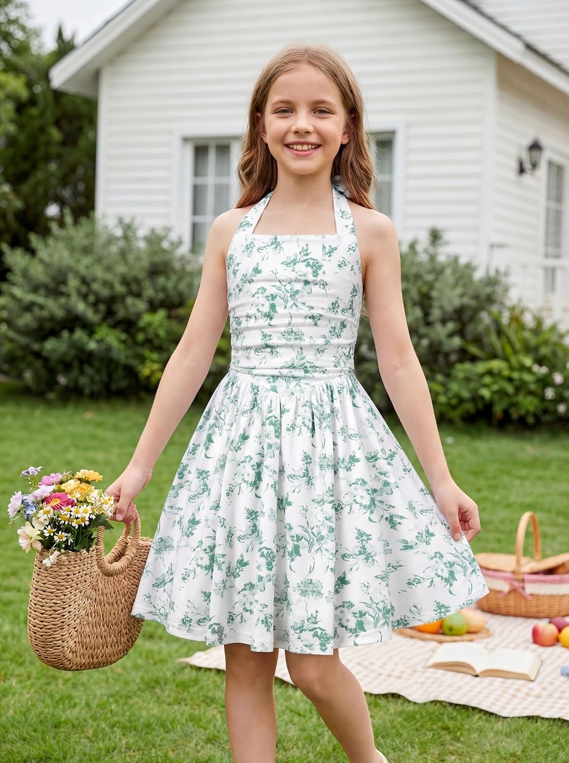image:imageGrace Karin Girls Floral Summer Spring Halter Tie Back Dresses Size 716Green White Floral