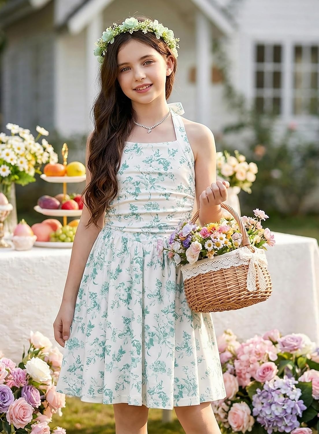 image:imageGrace Karin Girls Floral Summer Spring Halter Tie Back Dresses Size 716Green White Floral