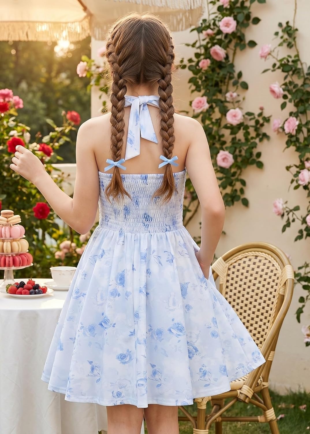 image:imageGrace Karin Girls Floral Summer Spring Halter Tie Back Dresses Size 716Light Blue Roses