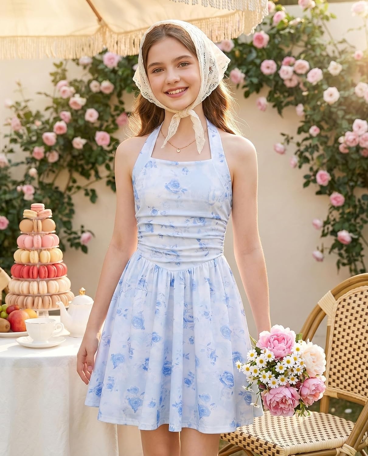 image:imageGrace Karin Girls Floral Summer Spring Halter Tie Back Dresses Size 716Light Blue Roses