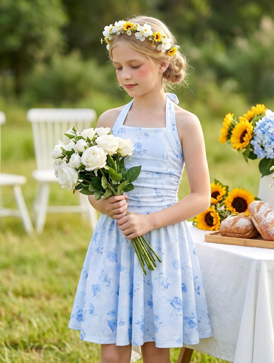 image:imageGrace Karin Girls Floral Summer Spring Halter Tie Back Dresses Size 716Light Blue Roses