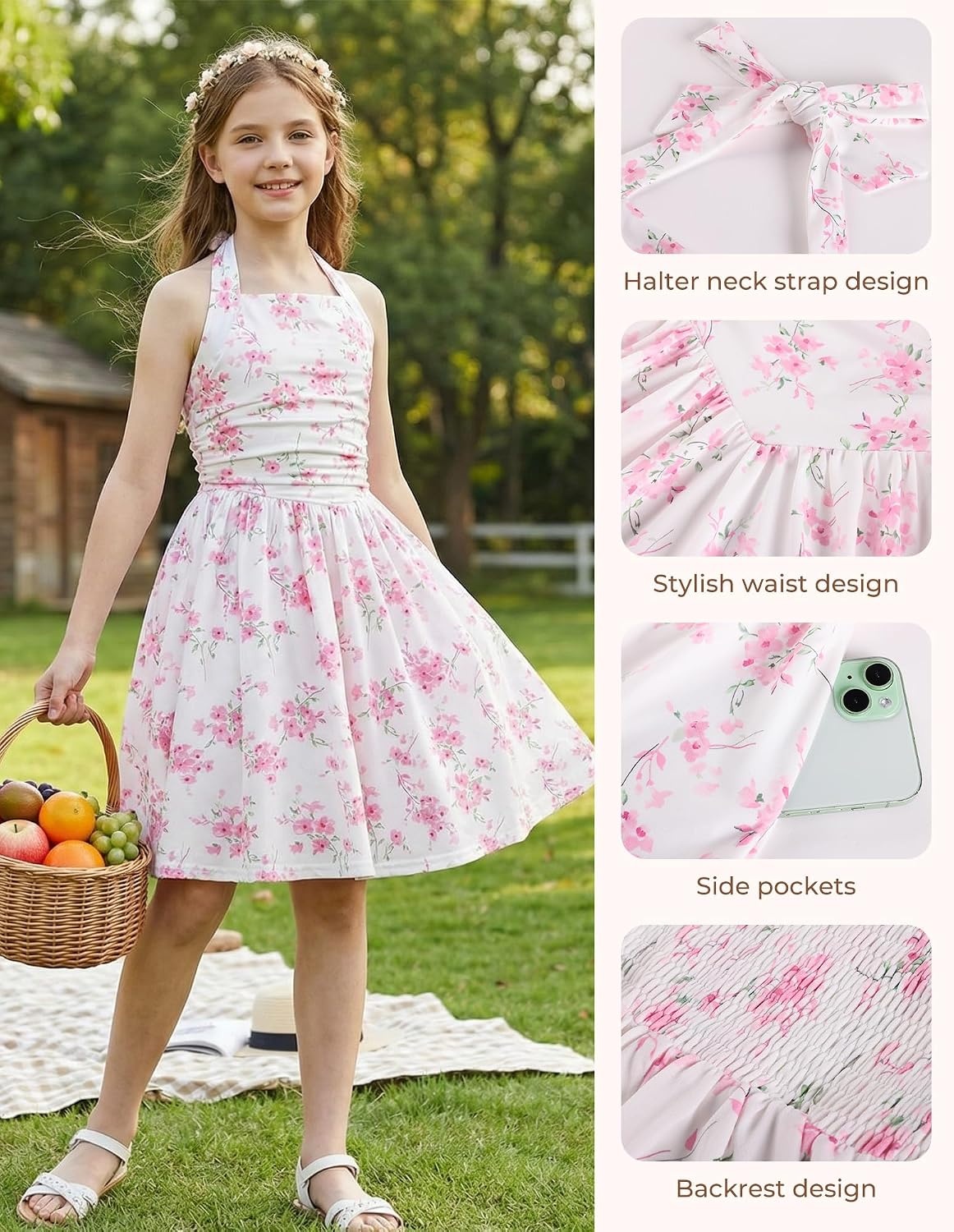 image:imageGrace Karin Girls Floral Summer Spring Halter Tie Back Dresses Size 716Pink