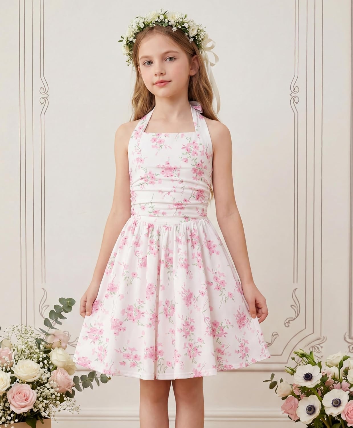 image:imageGrace Karin Girls Floral Summer Spring Halter Tie Back Dresses Size 716Pink