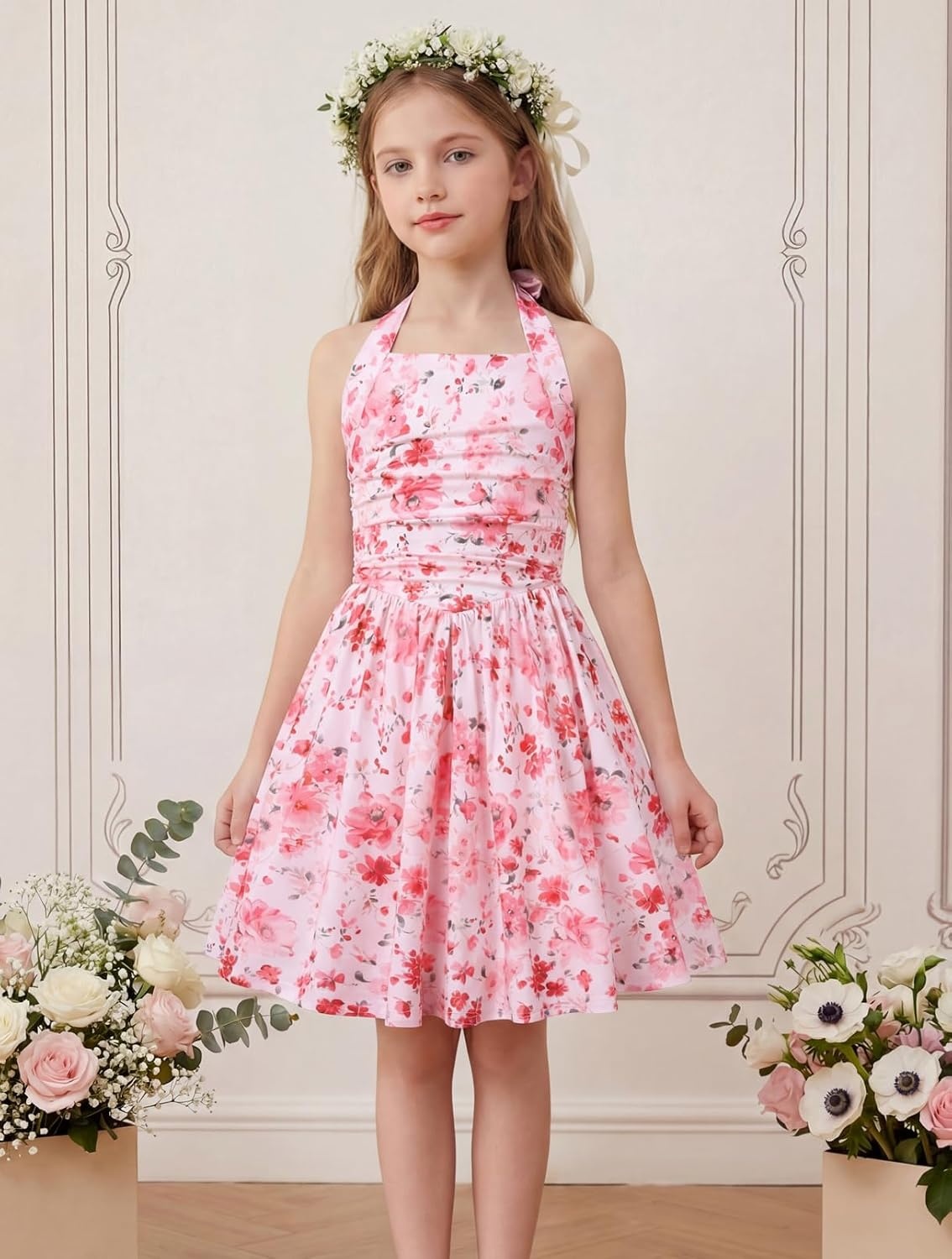 image:imageGrace Karin Girls Floral Summer Spring Halter Tie Back Dresses Size 716Pinkred Floral