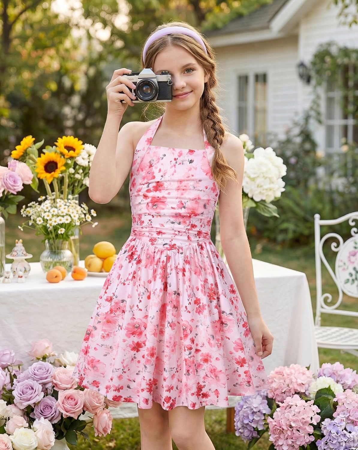 image:imageGrace Karin Girls Floral Summer Spring Halter Tie Back Dresses Size 716Pinkred Floral