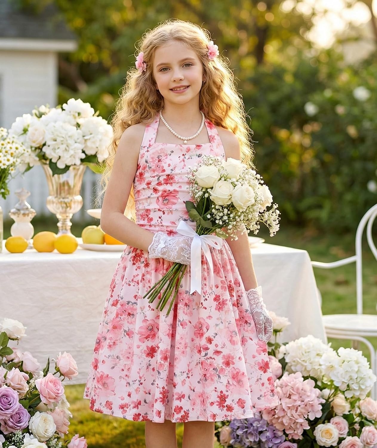 image:imageGrace Karin Girls Floral Summer Spring Halter Tie Back Dresses Size 716Pinkred Floral
