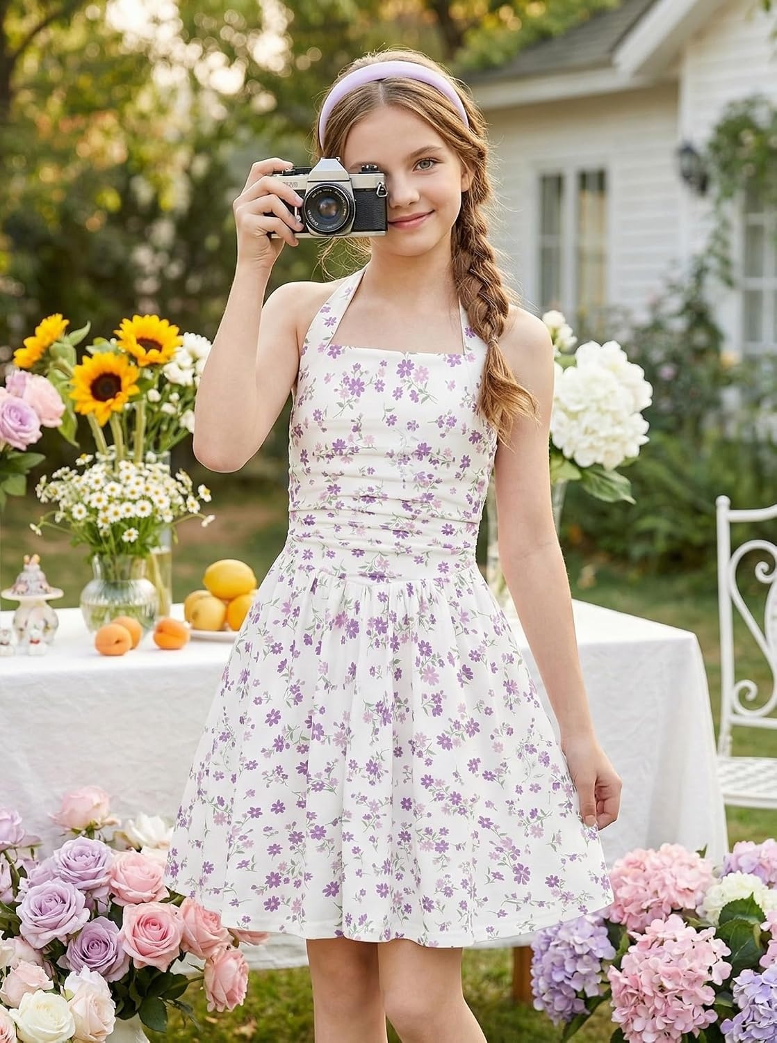 image:imageGrace Karin Girls Floral Summer Spring Halter Tie Back Dresses Size 716Purple
