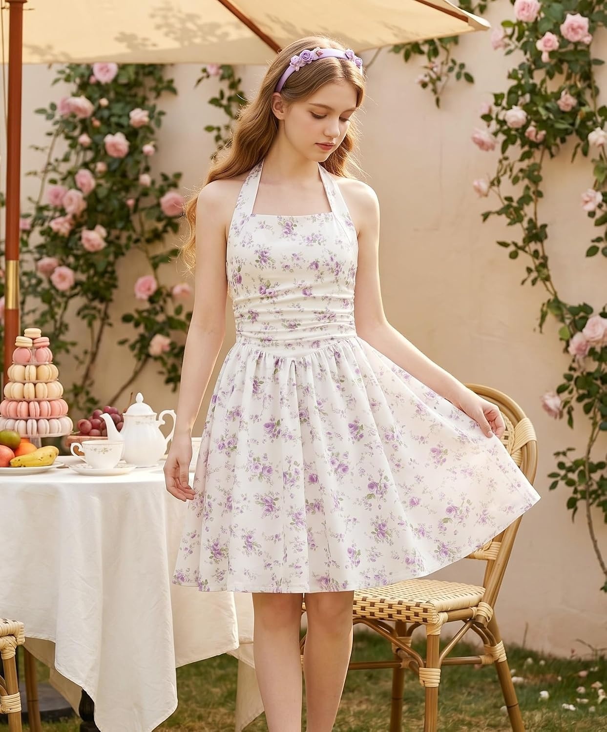 image:imageGrace Karin Girls Floral Summer Spring Halter Tie Back Dresses Size 716Purple Green Floral