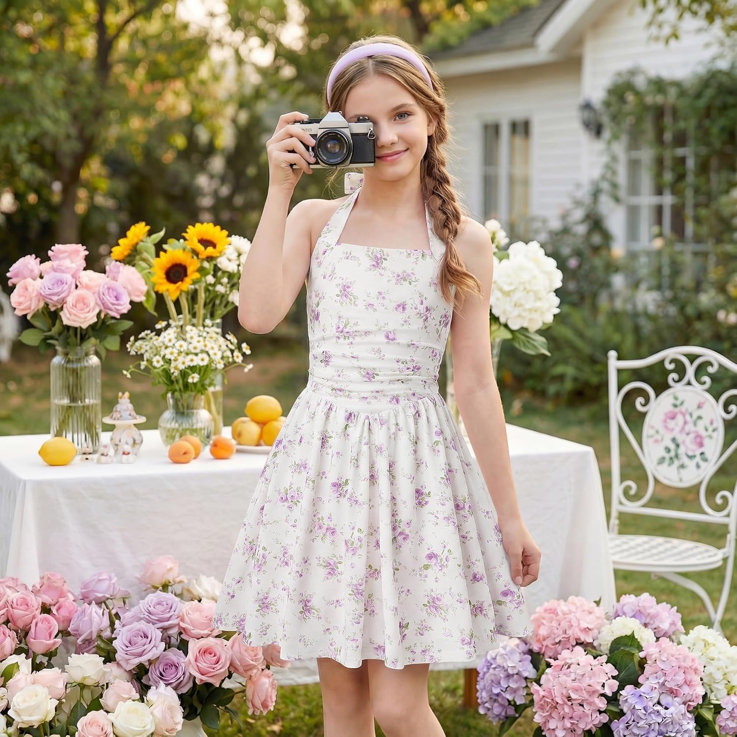 image:imageGrace Karin Girls Floral Summer Spring Halter Tie Back Dresses Size 716Purple Green Floral