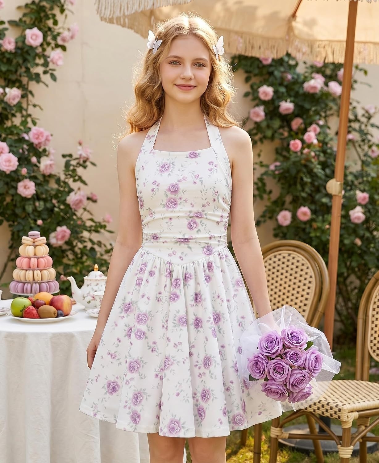 image:imageGrace Karin Girls Floral Summer Spring Halter Tie Back Dresses Size 716Purple Roses