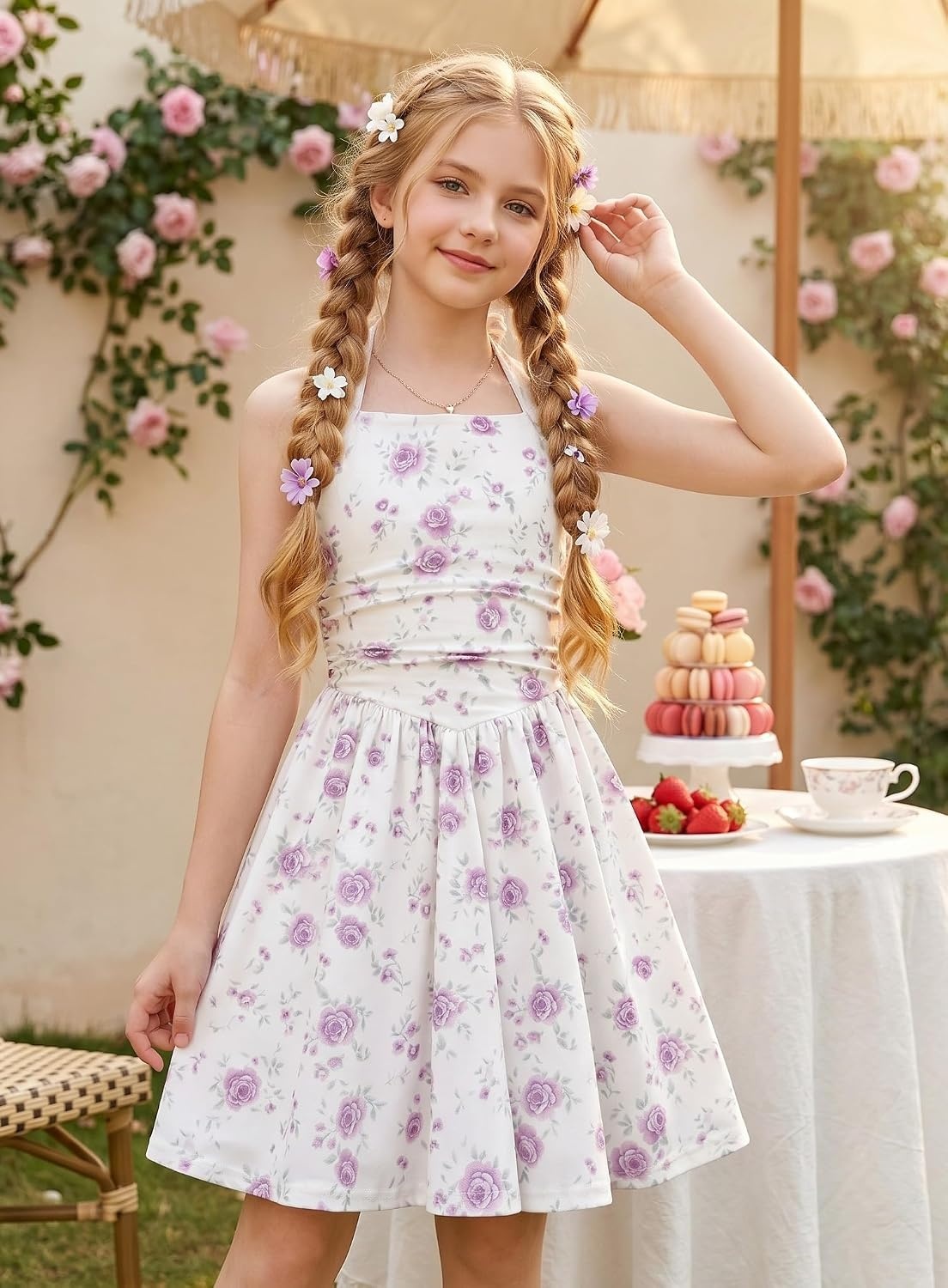 image:imageGrace Karin Girls Floral Summer Spring Halter Tie Back Dresses Size 716Purple Roses