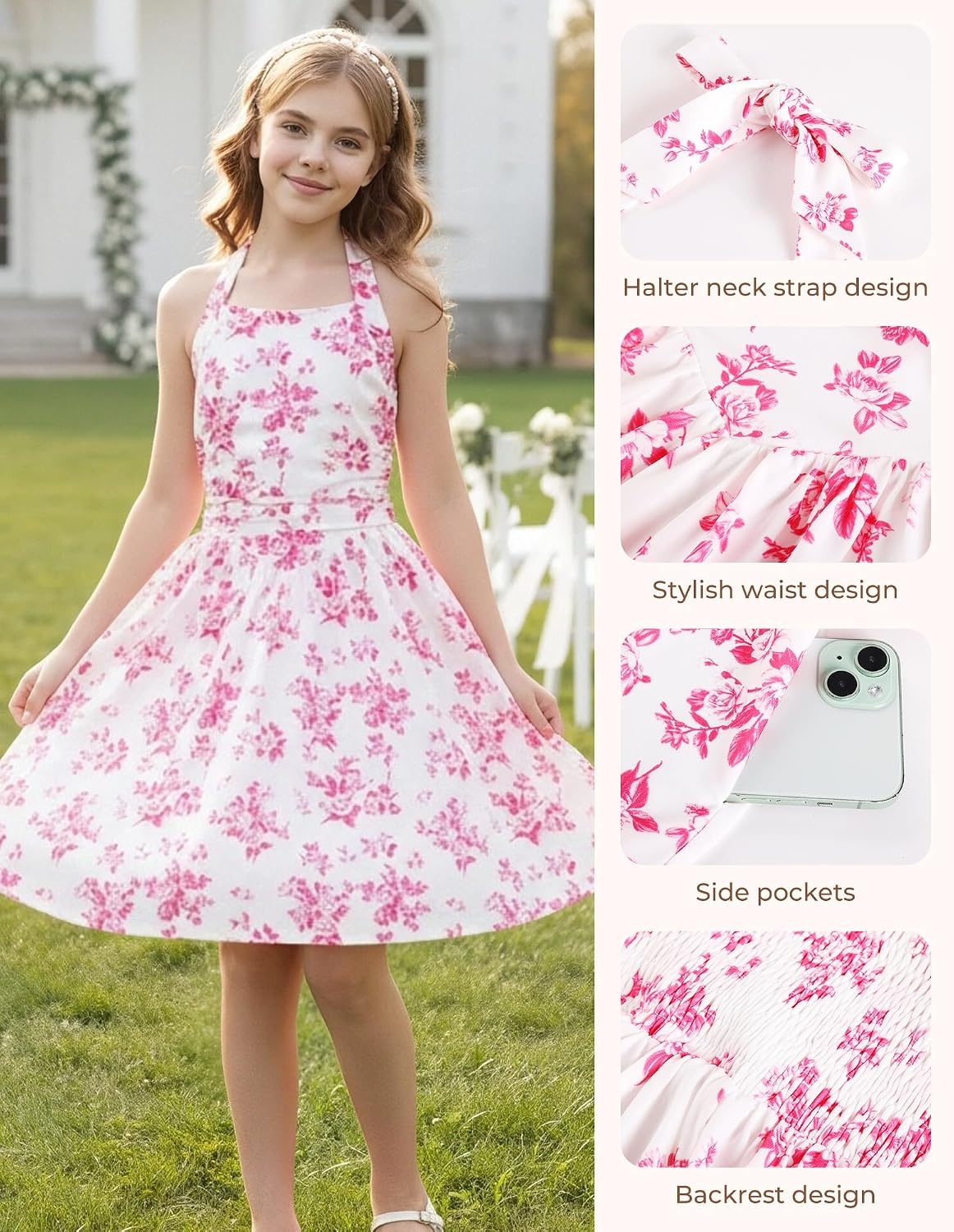 image:imageGrace Karin Girls Floral Summer Spring Halter Tie Back Dresses Size 716Rose Red