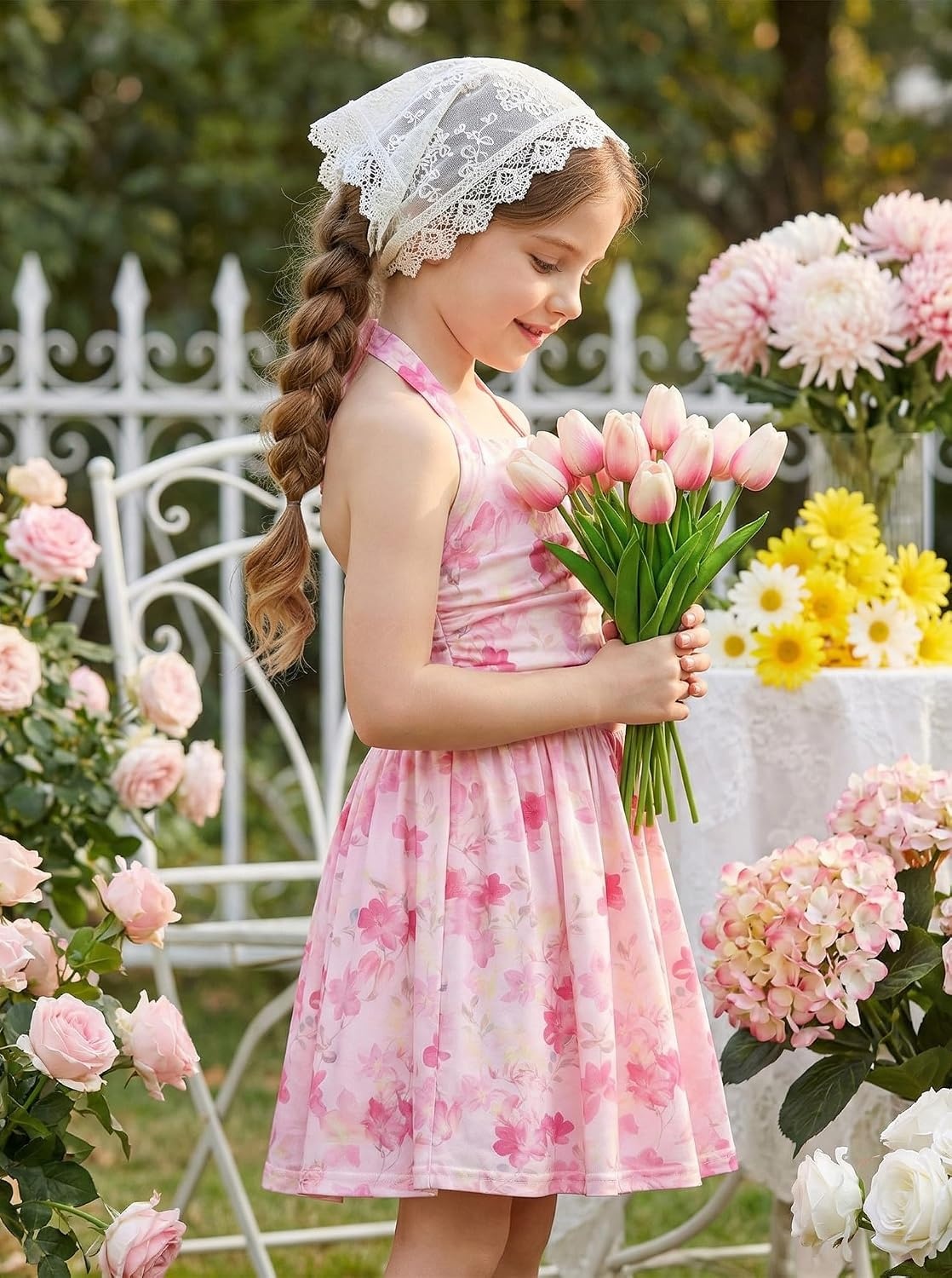 image:imageGrace Karin Girls Floral Summer Spring Halter Tie Back Dresses Size 716Rose Redyellow Floral