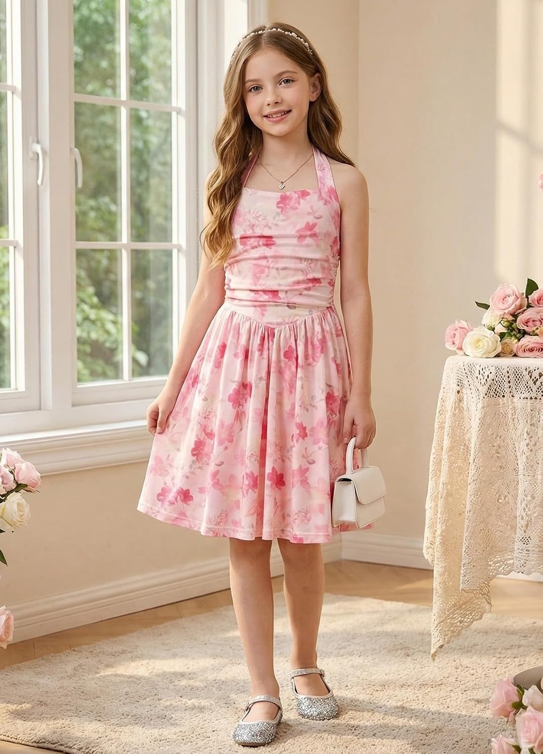 image:imageGrace Karin Girls Floral Summer Spring Halter Tie Back Dresses Size 716Rose Redyellow Floral