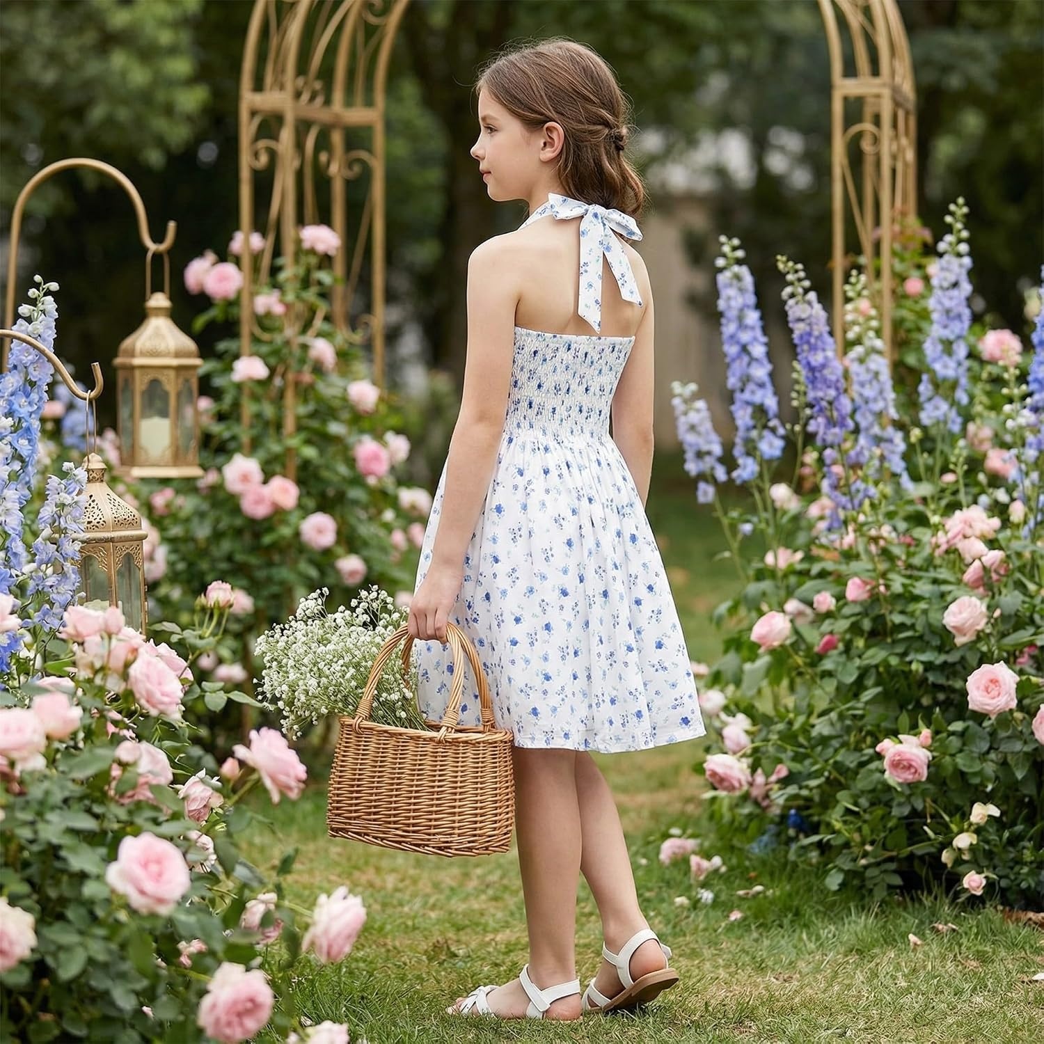 image:imageGrace Karin Girls Floral Summer Spring Halter Tie Back Dresses Size 716White and Blue Floral
