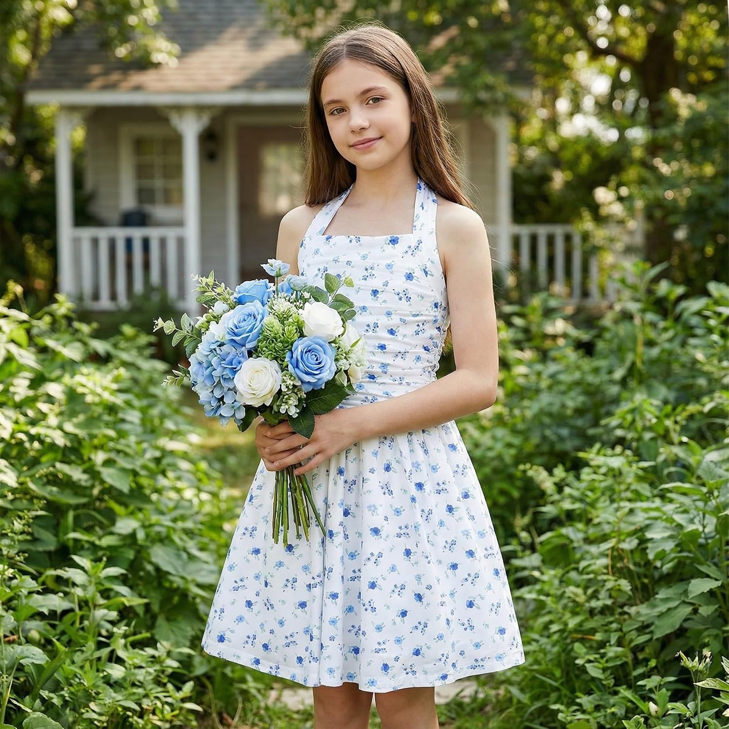 image:imageGrace Karin Girls Floral Summer Spring Halter Tie Back Dresses Size 716White and Blue Floral