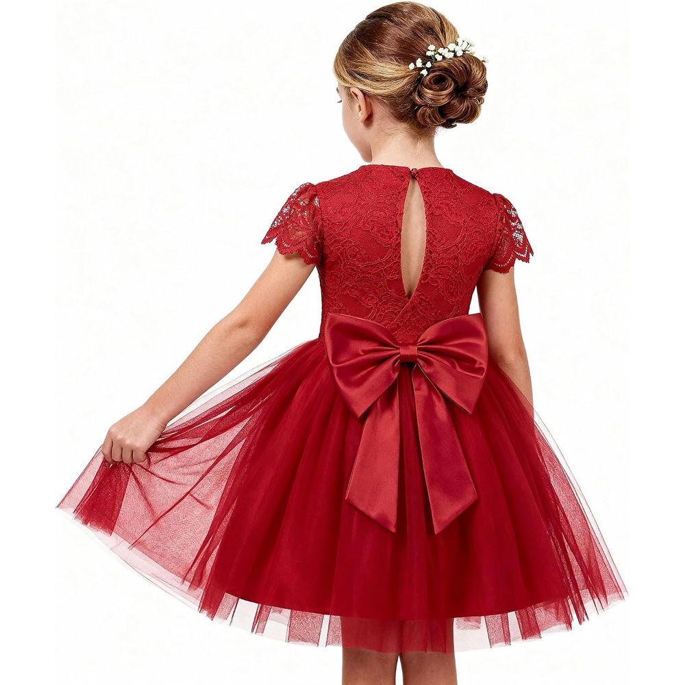 image:imageGRACE KARIN Flower Girl Dress Big Bow Kids Lace Tulle Princess Wedding GownClassic Crimson