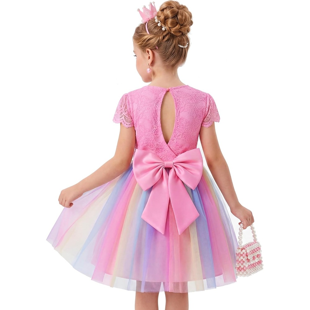 image:imageGRACE KARIN Flower Girl Dress Big Bow Kids Lace Tulle Princess Wedding GownRainbow Pink