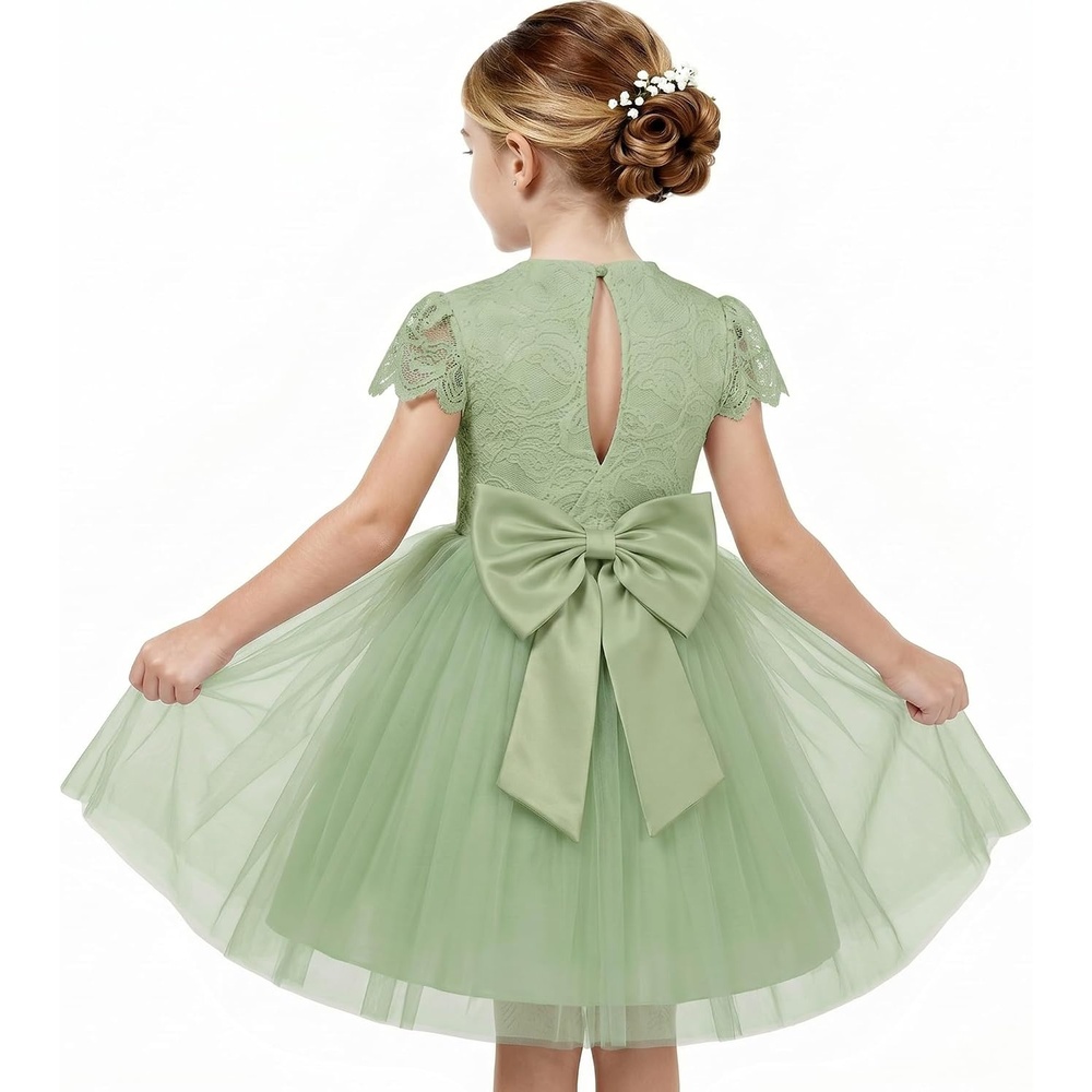 image:imageGRACE KARIN Flower Girl Dress Big Bow Kids Lace Tulle Princess Wedding GownSage Green