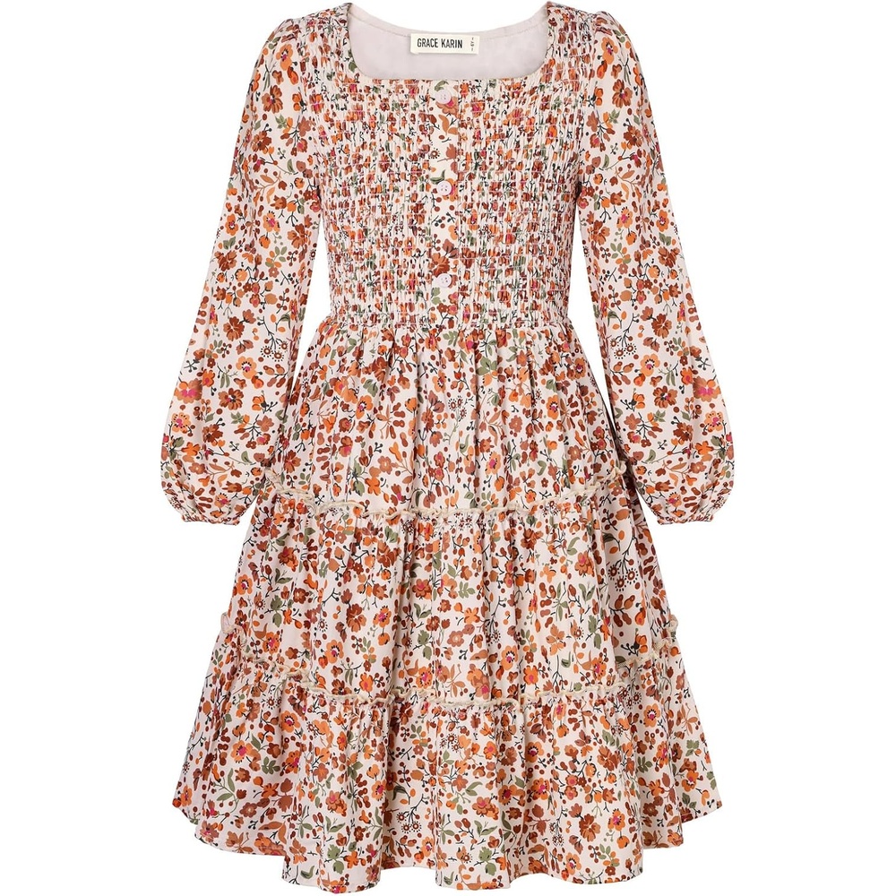 image:imageGRACE KARIN Girls Fall Long Sleeve Floral Christmas Teen Dress Size 614Apricot Orange Floral