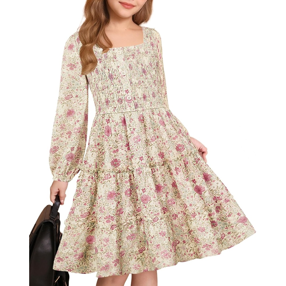 image:imageGRACE KARIN Girls Fall Long Sleeve Floral Christmas Teen Dress Size 614Apricot Pink Floral