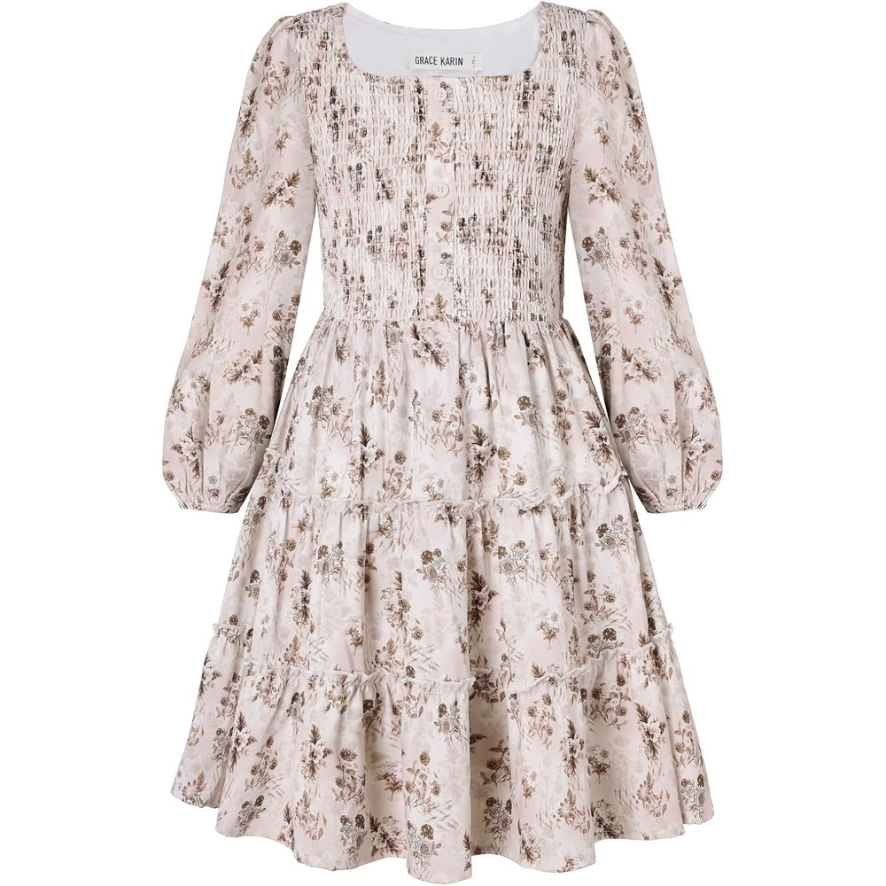 image:imageGRACE KARIN Girls Fall Long Sleeve Floral Christmas Teen Dress Size 614Beige Brown Floral