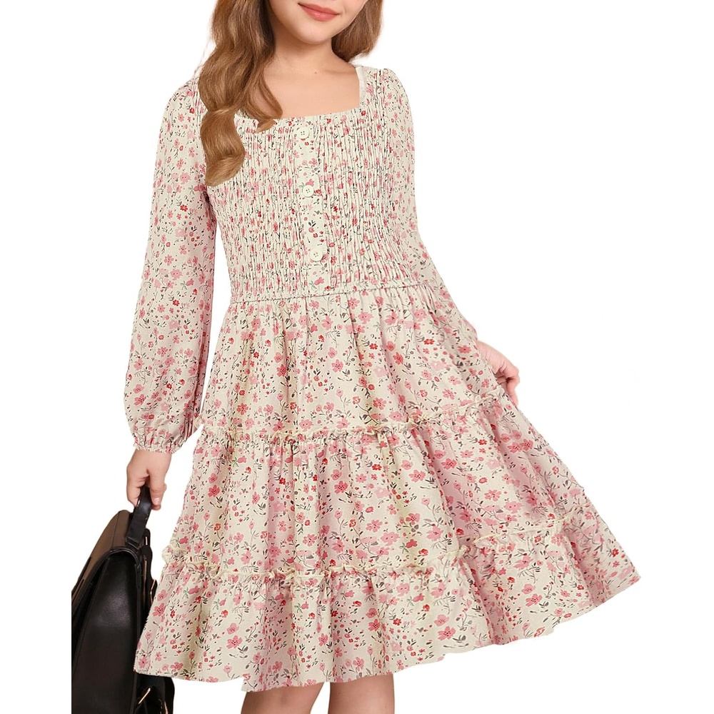 image:imageGRACE KARIN Girls Fall Long Sleeve Floral Christmas Teen Dress Size 614Beige Orange Floral