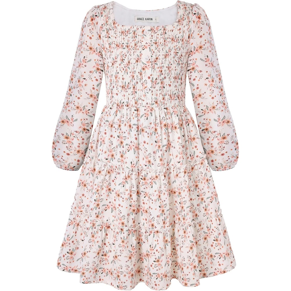 image:imageGRACE KARIN Girls Fall Long Sleeve Floral Christmas Teen Dress Size 614Cream Peach Floral
