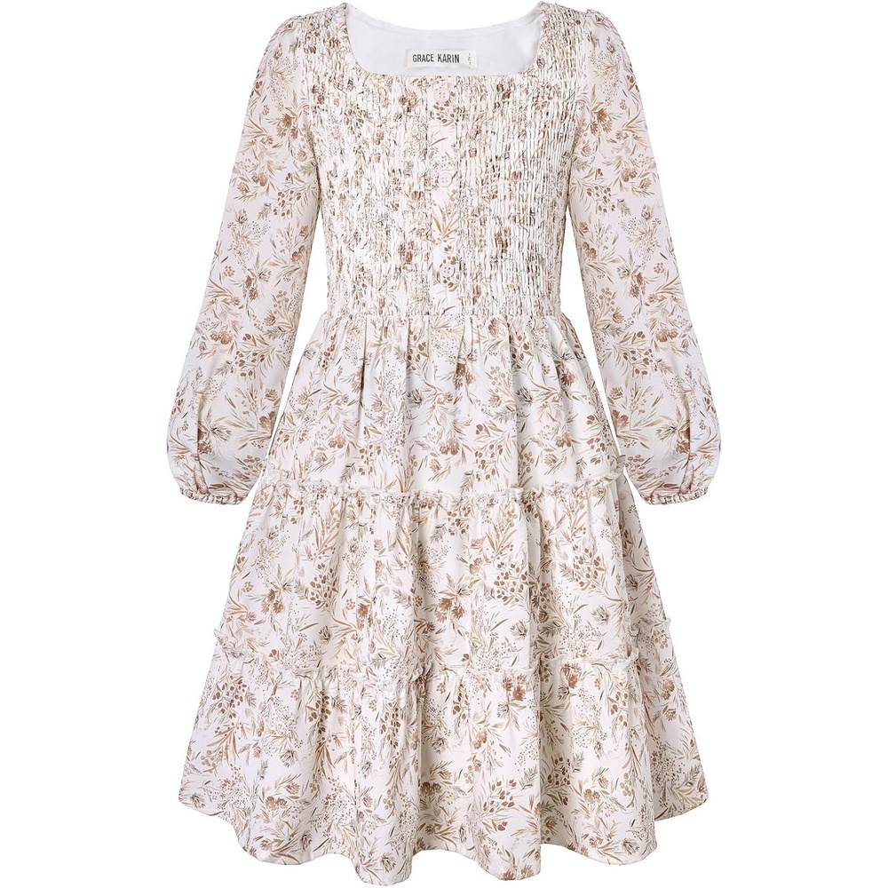 image:imageGRACE KARIN Girls Fall Long Sleeve Floral Christmas Teen Dress Size 614Ivory Taupe Floral
