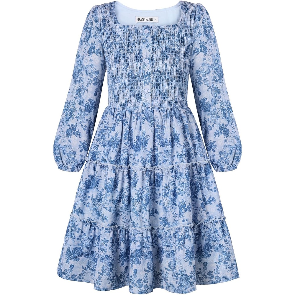 image:imageGRACE KARIN Girls Fall Long Sleeve Floral Christmas Teen Dress Size 614Light Blue Navy Floral
