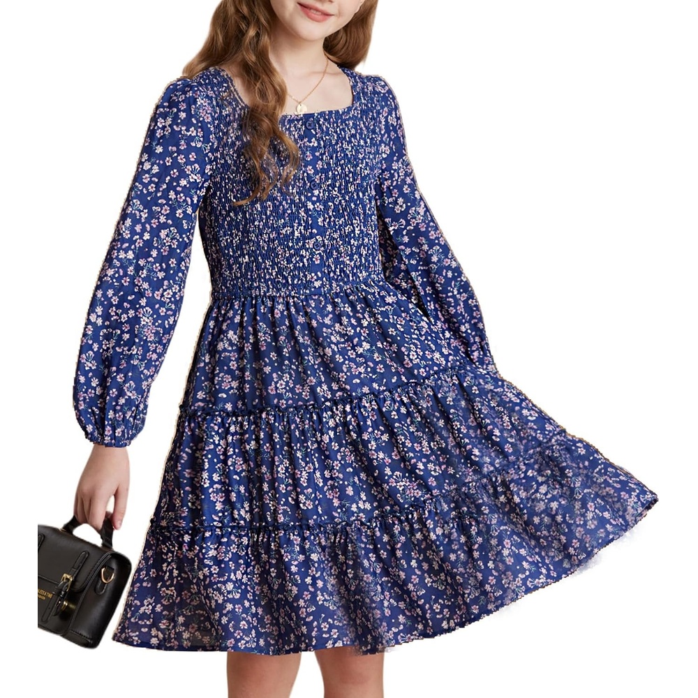 image:imageGRACE KARIN Girls Fall Long Sleeve Floral Christmas Teen Dress Size 614Navy Blue Floral
